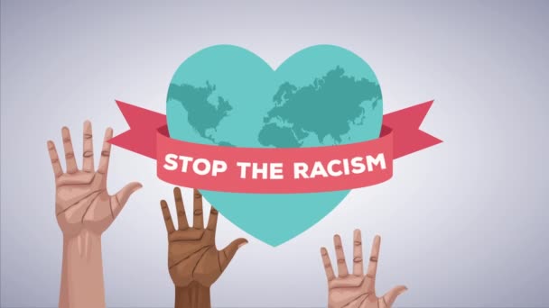 Állítsa le a rasszizmus kampány kezét az ember fel és föld bolygó szíve — Stock videók