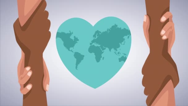 Detener la campaña contra el racismo con las manos la unión humana y el corazón planeta tierra — Vídeos de Stock