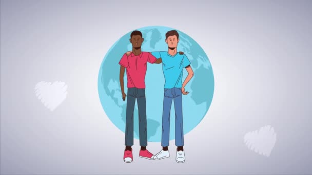 Stop de racismecampagne met interraciale mensen en de aarde planeet — Stockvideo