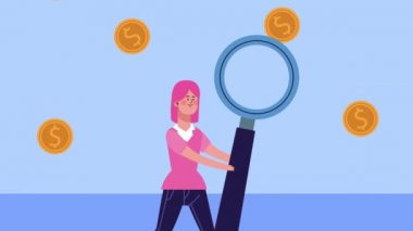 İş kadını büyüteç ve bozuk para kaldırıyor.