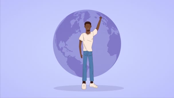 Stoppa rasismen kampanj med afro man och jorden planet — Stockvideo