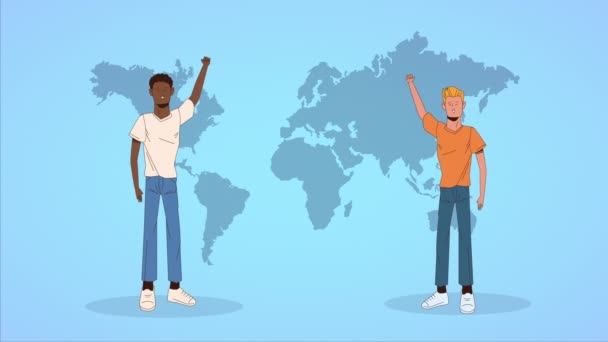 Parar a campanha de racismo com homens inter-raciais e mapas de terra — Vídeo de Stock