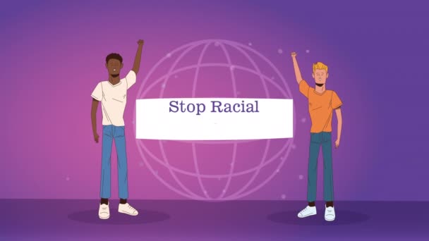 Stoppen met de racismecampagne met interraciale mannen heffen banner en sfeer — Stockvideo