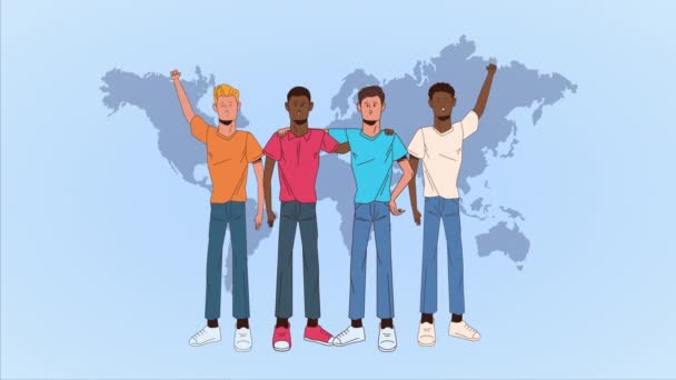 Stop de racismecampagne met interraciale mannen en aardkaarten — Stockvideo
