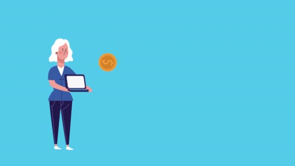 Empresária levantando laptop e moedas animadas — Vídeo de Stock