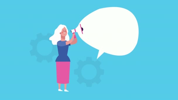 Бізнес-леді з мегафоном і мовною бульбашкою анімовані — стокове відео