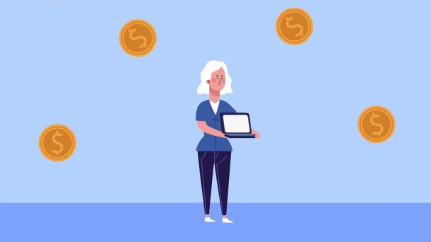 Mujer de negocios elevación portátil y monedas animada — Vídeos de Stock