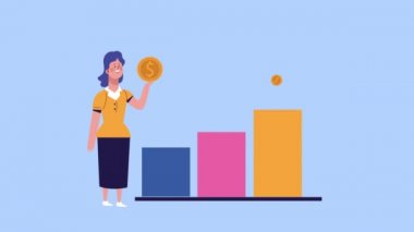 Bozuk parası ve istatistik çubuğu olan iş kadını canlandırıldı