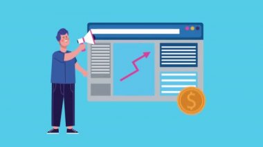 İş adamı megafon ve web sayfası şablonu canlandırması kullanıyor