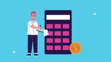 İş adamı madeni para kaldırıyor ve hesap makinesi canlandırılıyor