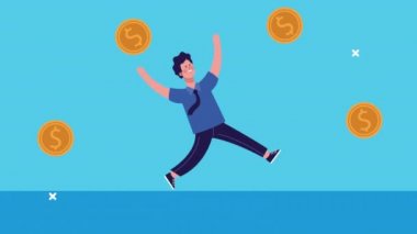 İş adamı madeni para kaldırıyor karakter canlandırılıyor