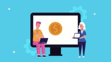 Dizüstü bilgisayar ve masaüstü karakterleri kullanan iş çifti canlandırıldı