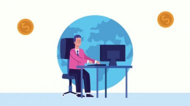 Ofis karakterindeki masaüstünü kullanan işadamı canlandırıldı