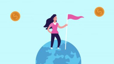 Başarı bayrağı ve Dünya Gezegeni animasyonlu iş kadını