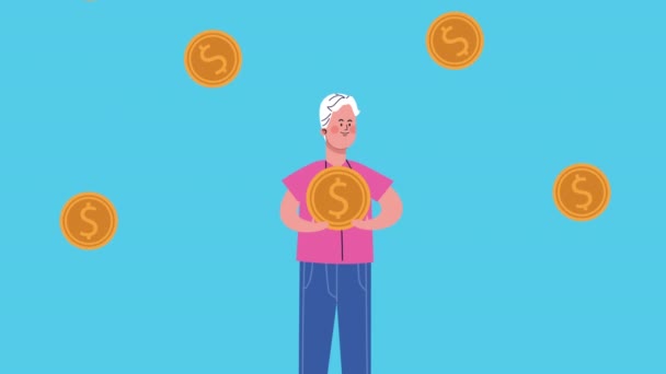 Бизнесмен поднимает монеты долларов персонаж анимирован — стоковое видео
