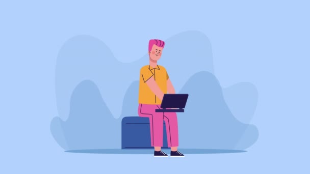 Hombre de negocios usando el carácter del ordenador portátil animado — Vídeo de stock