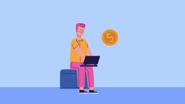Üzletember használó laptop és érme dollár karakter animált — Stock videók