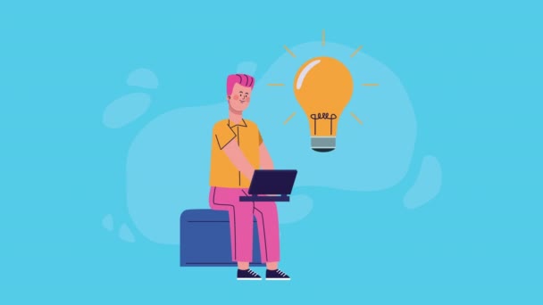 Homem de negócios usando laptop com lâmpada animada — Vídeo de Stock