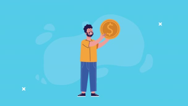 Hombre de negocios levantando moneda dólar personaje animado — Vídeo de stock