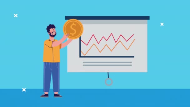 Empresário levantar dólar moeda e estatísticas em papelão animado — Vídeo de Stock