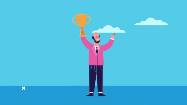 Businessman lifting trophy character animated — Stock Video