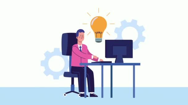Empresário usando desktop no escritório personagem animado — Vídeo de Stock