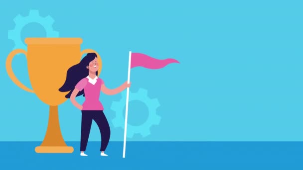 Affärskvinna med framgång flagga och pokal kopp animerad — Stockvideo