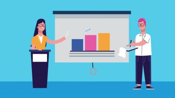 Business couple giving a speech and statistics characters animated — Stock Video