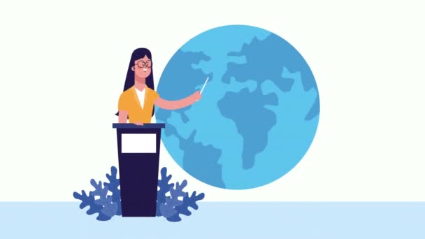 Business woman giving a speech with earth planet animated — стоковое видео