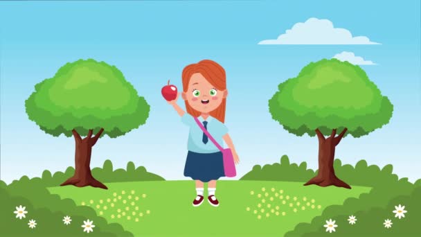 Back to school season with little girl and apple — Stock Video