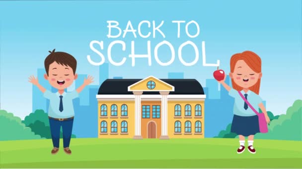 Back to school season with school building and little students couple — Stock Video