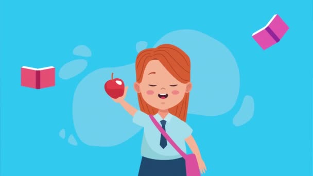 Повернутися до шкільного сезону з маленькою дівчинкою та яблуком — стокове відео