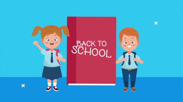 Terug naar school seizoen met kinderen paar en boek — Stockvideo