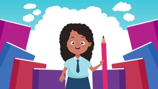 Tillbaka till skolsäsongen med liten flicka och böcker — Stockvideo