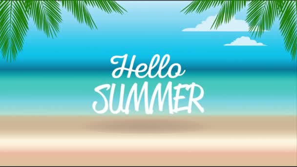 Bonjour affiche de vacances d'été avec lettrage et scène de plage — Video