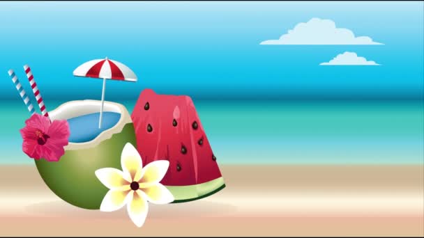 Hallo Sommerferienposter mit Kokoscocktail und Wassermelone — Stockvideo