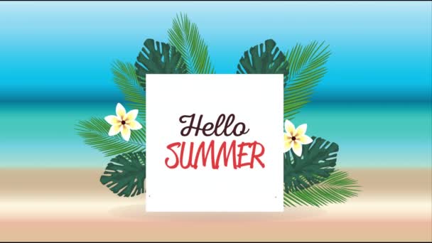 こんにちは夏休みのポスタービーチシーンでのレタリングと熱帯の花 — ストック動画