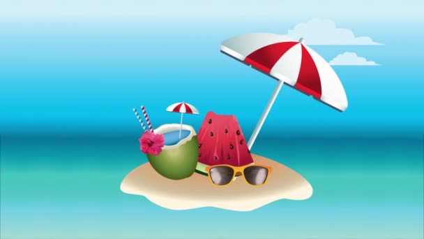 Hello summer holiday poster with coconut cocktail and umbrella — Stock Video