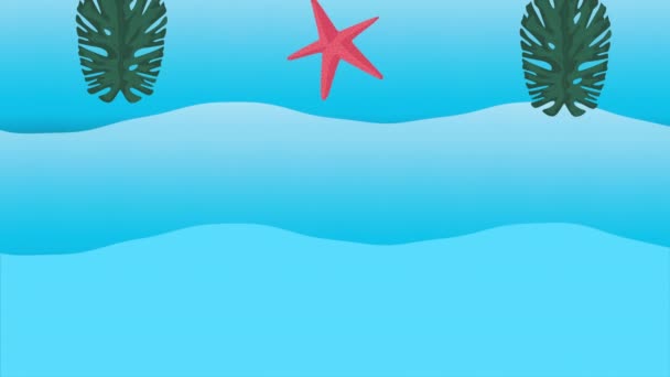 Hello summer holiday poster with tropical leafs and starfish pattern — Stock Video