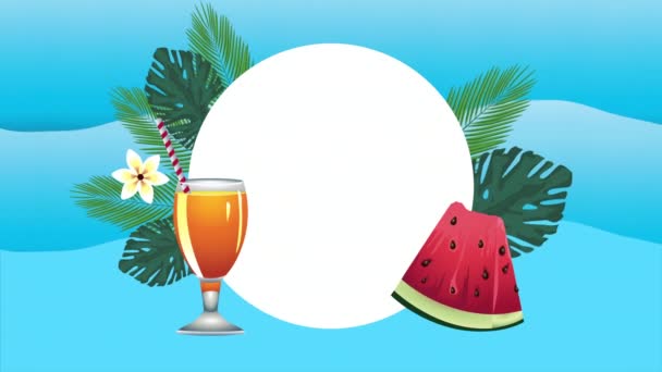 Hallo zomer vakantie poster met tropische cocktail en watermeloen — Stockvideo