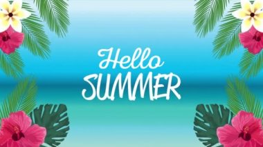 Merhaba, tropikal çiçek ve yapraklarla süslenmiş yaz tatili posteri.