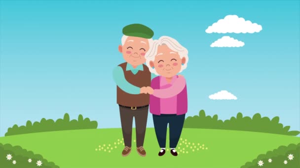 Gelukkige grootouders dagkaart met oude geliefden paar in het kamp — Stockvideo