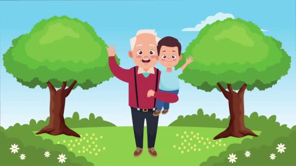 Heureux grand-parents carte de jour avec grand-père levant petit-fils dans le camp — Video