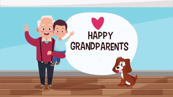 Heureux grand-parents carte de jour avec grand-père levage petit-fils et mascotte — Video