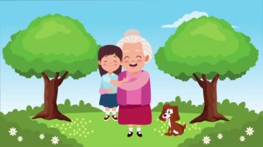 Büyükannenin torununu ve maskotunu kampta kaldırdığı mutlu büyükanne ve büyükbaba günü kartı.