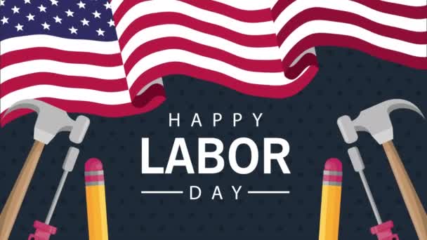 Ευτυχισμένη ημέρα εργασίας γιορτή με σημαία ΗΠΑ και εργαλεία — Αρχείο Βίντεο