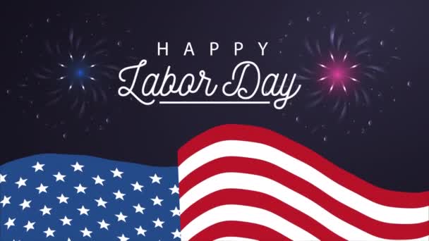 Feliz fiesta del día del trabajo con bandera de EE.UU. y fuegos artificiales — Vídeo de stock