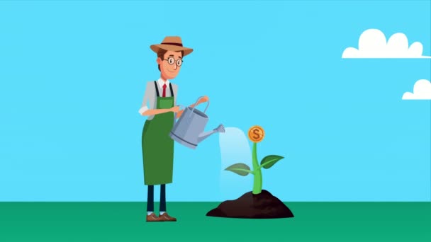 Elegant trädgårdsmästare affärsman med sprinkler och mynt växt karaktär — Stockvideo