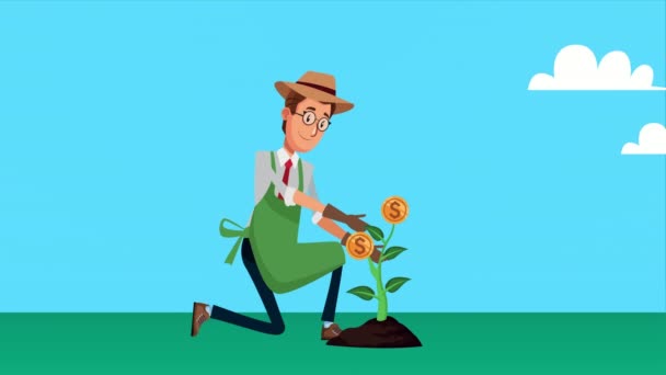 Elegant gardener businnessman with coins plant character animated — Stock Video