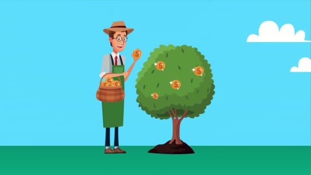 Elegante giardiniere businnessman con monete albero personaggio animato — Video Stock